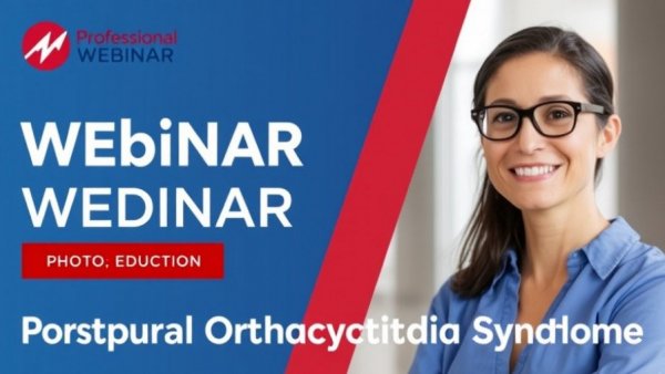 Postural Orthostatic Tachycardia Syndrome webinar poster with woman in blue blouse.