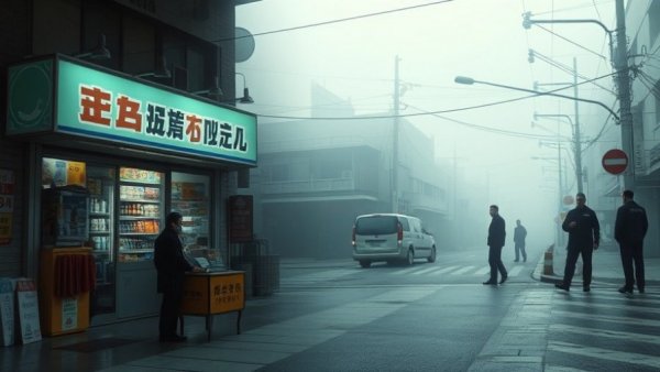 Juxtaposed image of a store and foggy police scene in Washington.