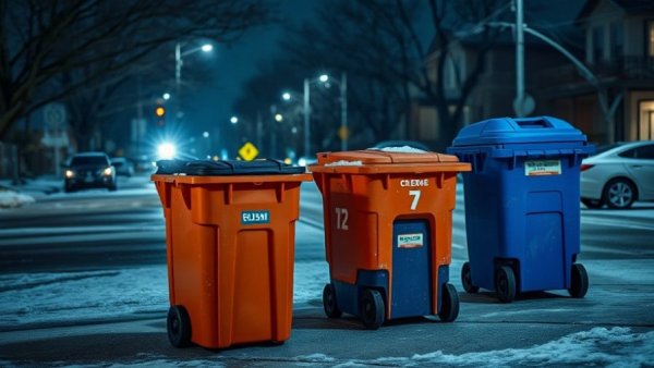 Snow-covered street in Austin with trash bins, illustrating Austin weather updates.