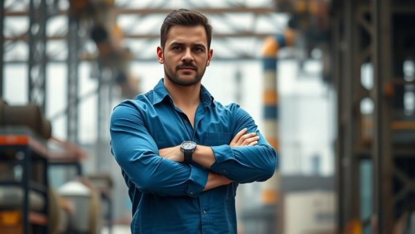 Confident man standing with arms crossed in industrial setting related to Texas lieutenant governor primary.