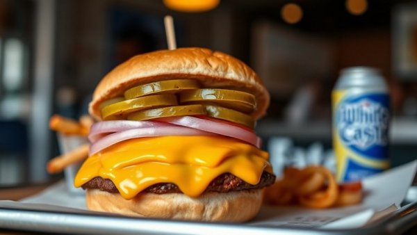 Delicious White Castle hamburger at Texas location, close-up image.