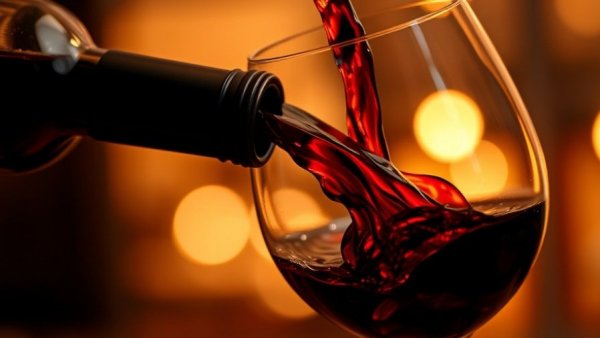 Rich red wine pour for winter enjoyment in cozy setting.