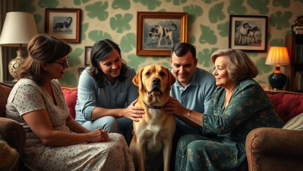 Vintage family gathering around dog, health and wellness insights.