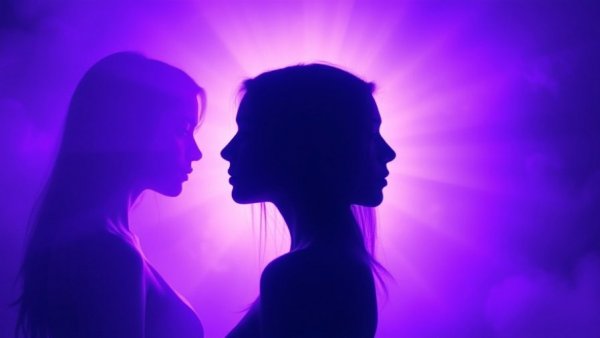 Dreamlike silhouette suggesting perimenopause symptoms, dual profiles in purple-blue aura.