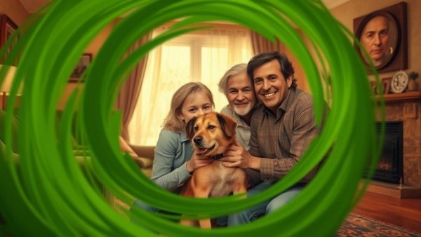 Vintage family scene with abstract green swirls in a retro living room.