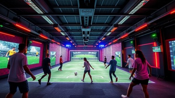 Topgolf-style soccer venue Dallas interior with neon lights and digital screen.