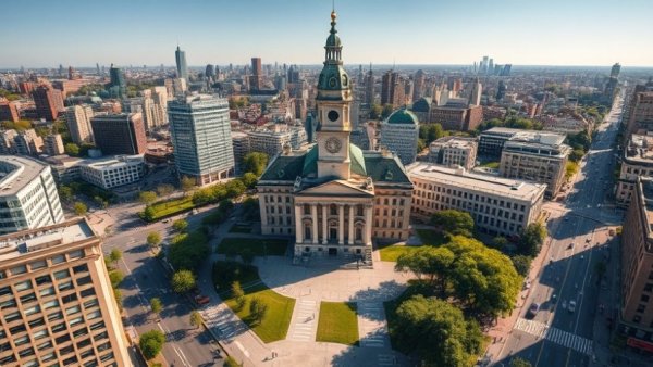 Aerial view of urban area in Dallas showcasing historic architecture and cityscape.