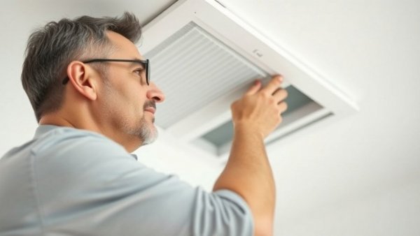 Man replaces air filter to reduce allergens in the home; clean air focus.