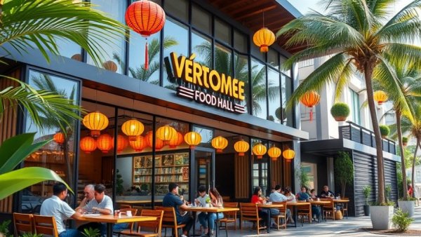 Exterior of a Vietnamese food hall with dining area and decorative lanterns.