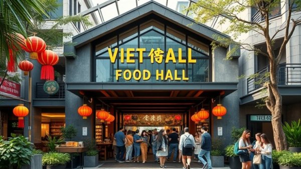 Entrance to a Vietnamese food hall in Houston with modern design.