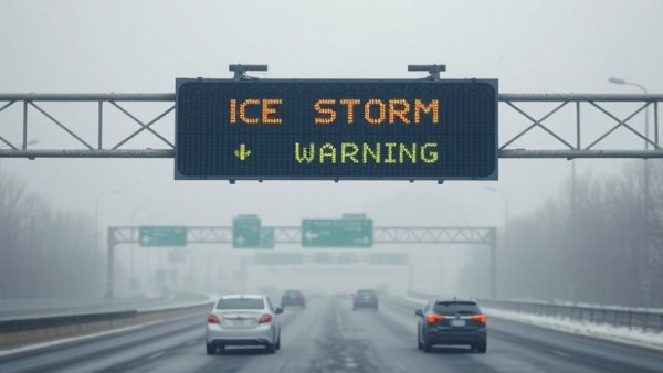 Ice storm warning sign over foggy highway in Texas disaster declaration.