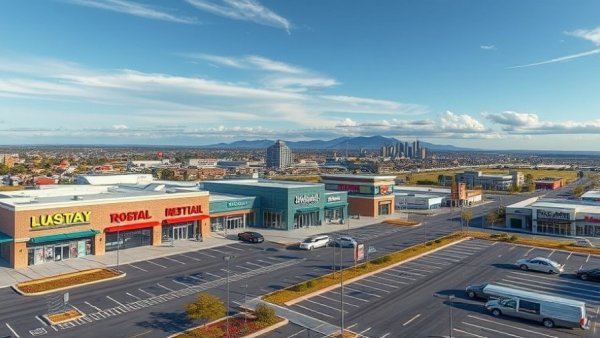 Aerial view of modern retail center in Seguin with shops and parking.