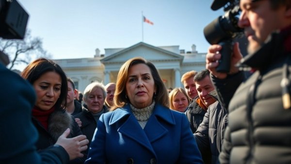 Journalists gather around a woman outside the White House discussing Trump immigration policy.