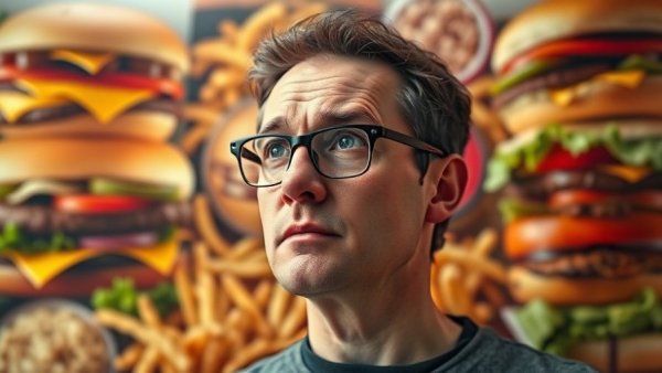 Understanding ultra-processed foods: man in glasses, burgers, and fries backdrop.