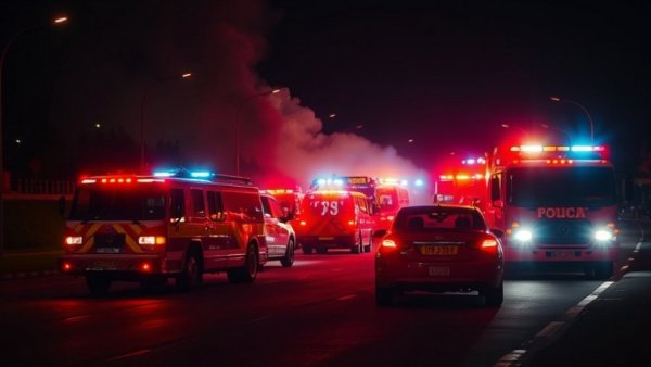 Texas breaking news scene with emergency vehicles and smoke.