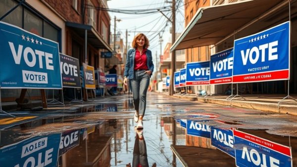 Texas voter engages with political signs reflecting in puddle.