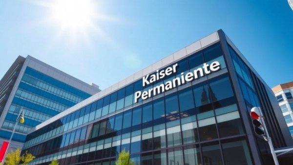 Kaiser Permanente building with logo on clear day.