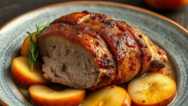 Slow Cooker Apple Cinnamon Pork Loin Roast with caramelized apples on a plate.