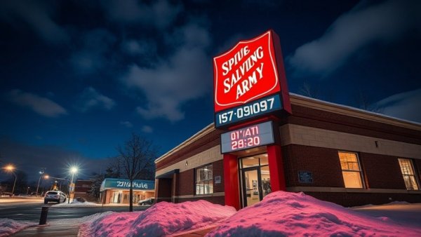 Springfield warming shelter sign on a snowy night.