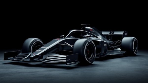 Audi F1 Championship car in a dark studio setting, showcasing sleek design.