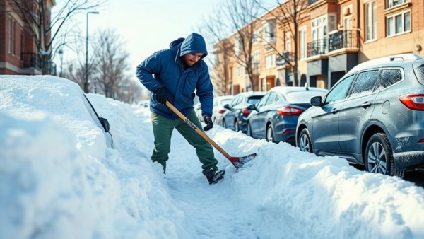 Man shoveling snow after severe winter storm in US