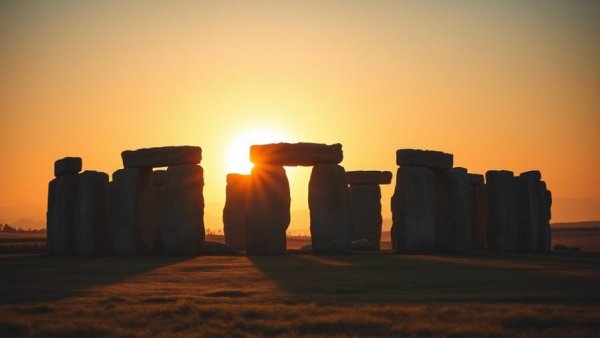 Majestic Stonehenge at sunset under glowing sky, Stonehenge mystery solved.