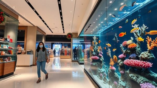 Modern store interior at Scheels with large aquarium.