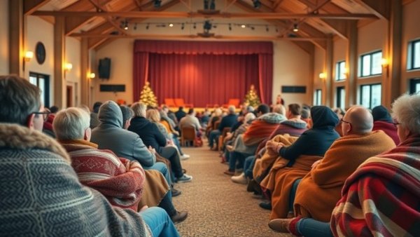 Community warming center during freezing temperatures, people resting in blankets.