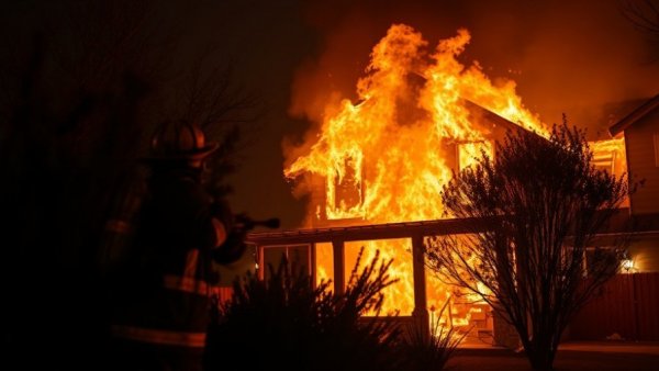 Kerrville winter fire emergency response at night with firefighter.