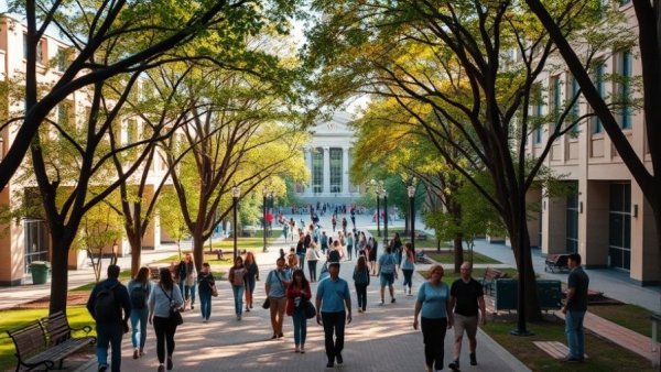 Campus scene with people under trees, bus and water tower, Texas H-1B visa employment policies.
