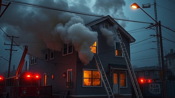 San Antonio house fire with smoke and flames at night.