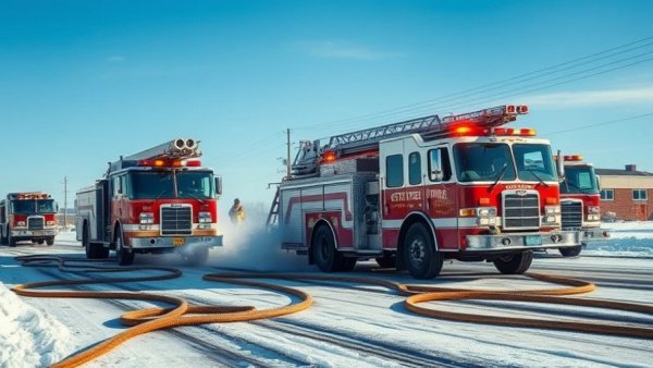 Firetrucks halted by icy road conditions, ice stops firetrucks.