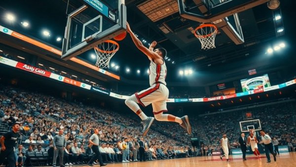 Player performing mid-air dunk in an intense NBA game, Top 10 plays.