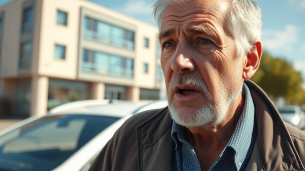 Older man discusses near car with building behind, Houston ICE Rumors.