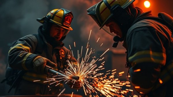 Houston firefighters cutting metal in rescue operation with sparks.