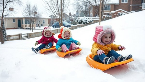 Kids enjoying a snowy hill in a Houston yard, snow machine rental scene.