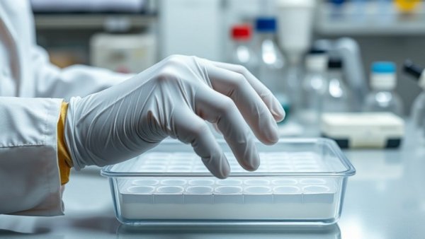 Gloved hands handling lab tray, study of COVID-19 long-term effects.