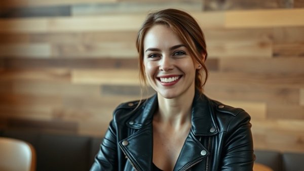 Smiling woman in black leather jacket, indoors, soft lighting.