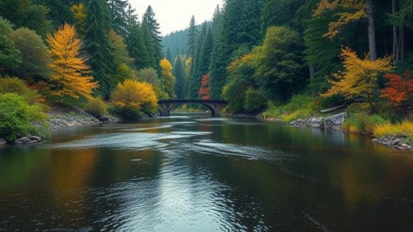 Tranquil forest river in autumn at Guajolote Ranch area.