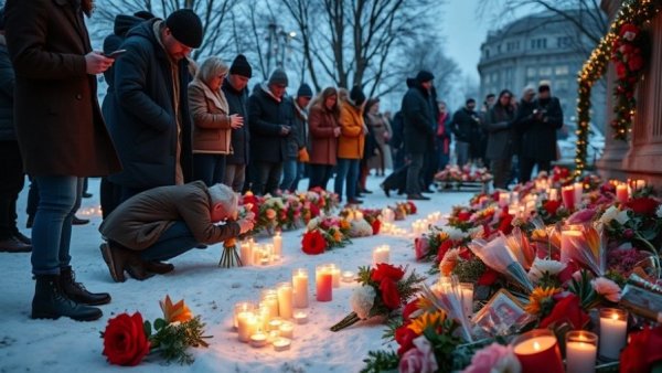 Vigil at Minneapolis shooting memorial with flowers and candles.