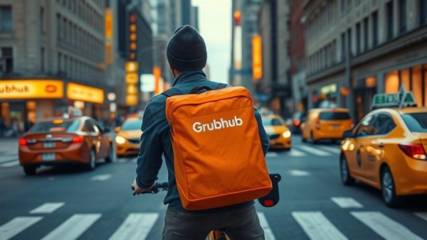 Cyclist with Grubhub bag at busy city intersection amid taxis.