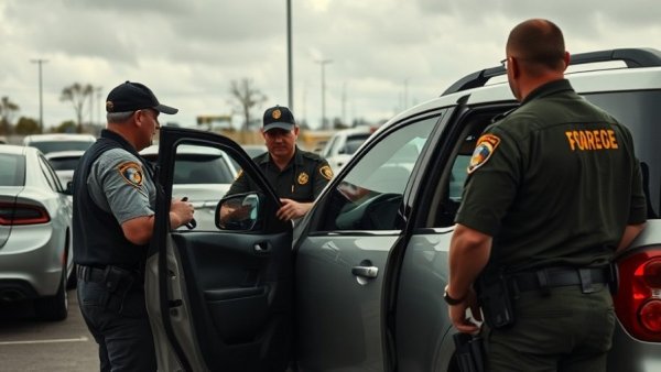 Border patrol officers inspecting vehicle, immigration agencies congressional hearing.