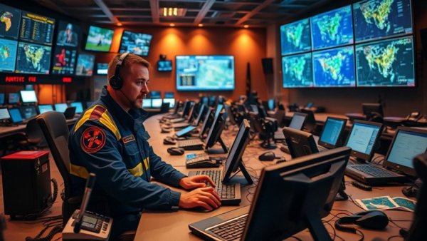 Emergency worker at control center in Austin, TX local news scene.