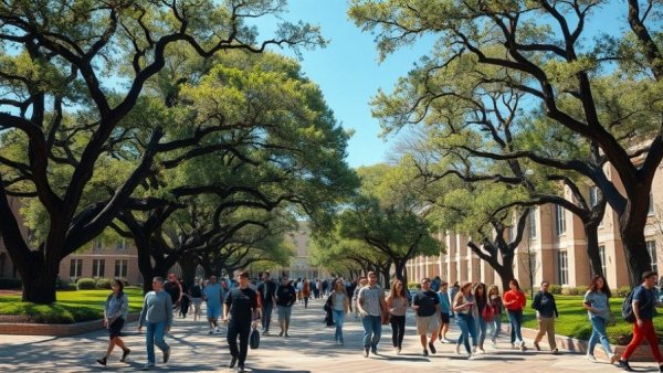 Texas A&M University campus scene, students and trees, daylight.