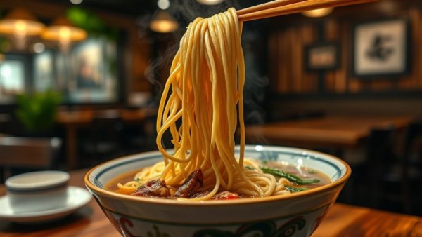 King's Noodles Richardson: Steaming bowl of noodles being lifted with chopsticks in a cozy setting.