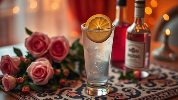 Elegant Valentine's Day cocktail with pink bottle and roses.
