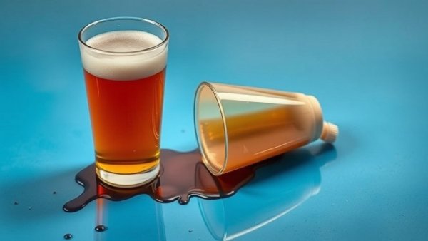 How to say no to alcohol: spilled drink on blue surface, vivid contrast.