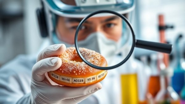 Scientist examining donut with food preservatives, lab setting.