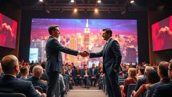 Best Real Estate Deals Dallas event with handshake on stage.