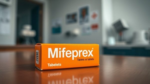 Close-up of Mifeprex box on a countertop in a medical office.